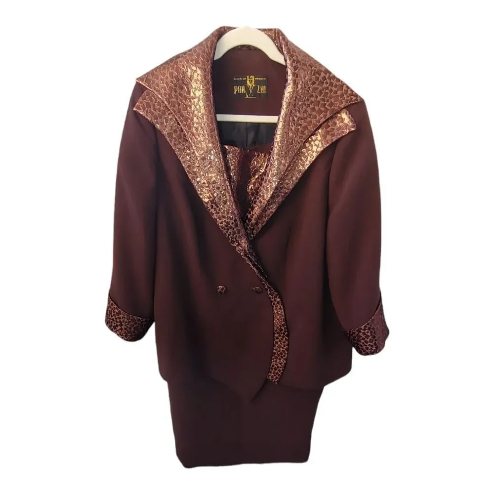 Pan Zai VINTAGE Womens Size 3x Brown Custom Tailored Skirt Suit.